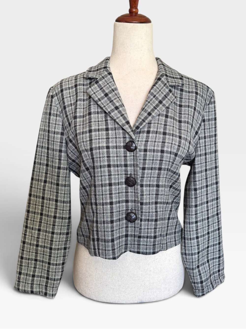 90s A. Byer Black and Gray Plaid Cropped Blazer